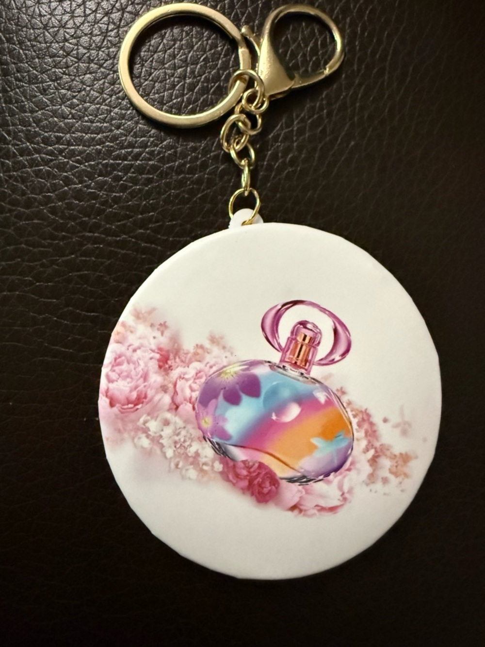 Women’s White Round Backpack Charm Keychain - Colorful Perfume Bottle Design